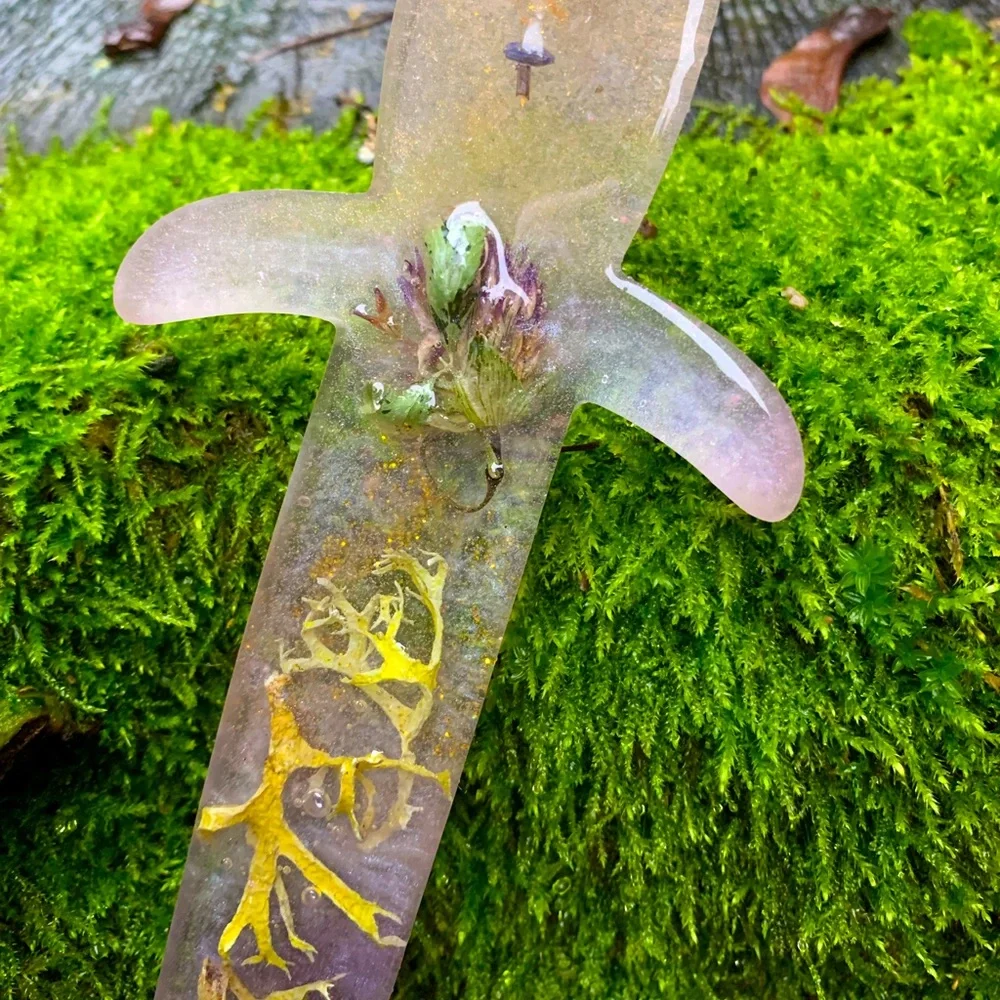 Pink clover and lichen resin dagger wall hanging